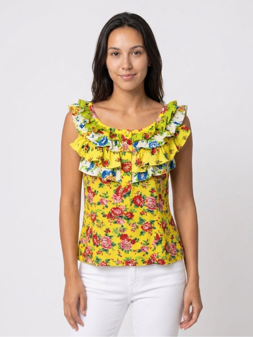 GIANNI VERSACE Floral Print Ruffle Top